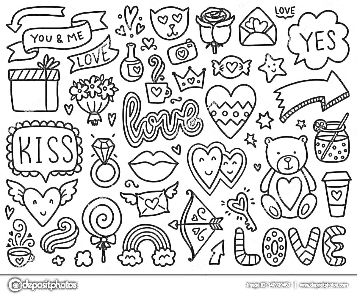 На раскраске изображено: Наклейки, Милые, Для девочек, Цветы, Любовь, Детские, Романтика, Поцелуй, Облака, Корона, Бабочка