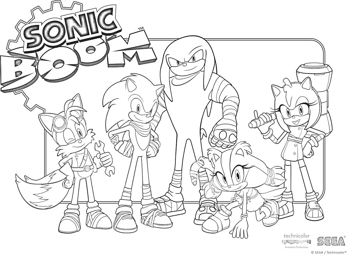 РаскраскаSonic Boom - персонажи из мультсериала Sonic Boom: Тейлз с гаечным ключом, Соник в кроссовках, Наклз со скрещенными руками, Стикис с воинственным жестом, Эми с молотом