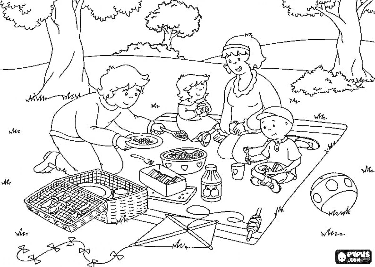 Раскраска Семья на пикнике среди деревьев, с пледом, едой, корзиной, воздушным змеем и мячиком