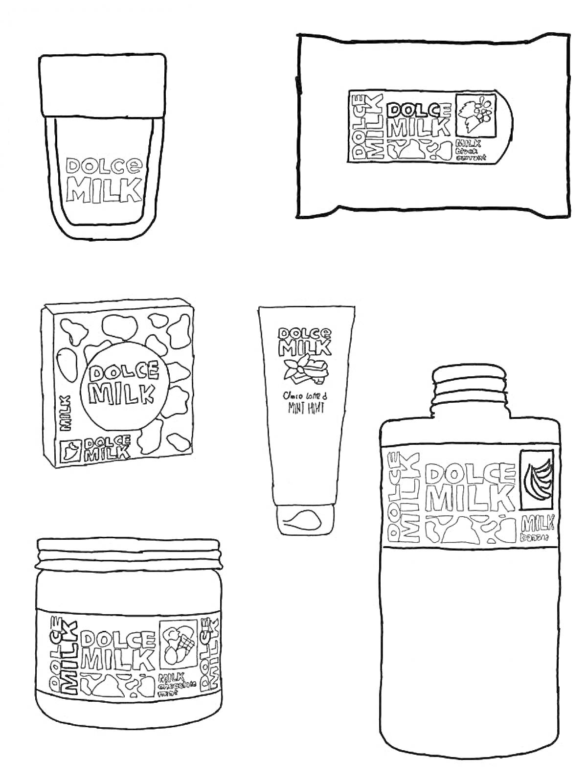 РаскраскаНабор продуктов Dolce Milk, включающий тюбик, влажные салфетки, коробку, крем, баночку и бутылку