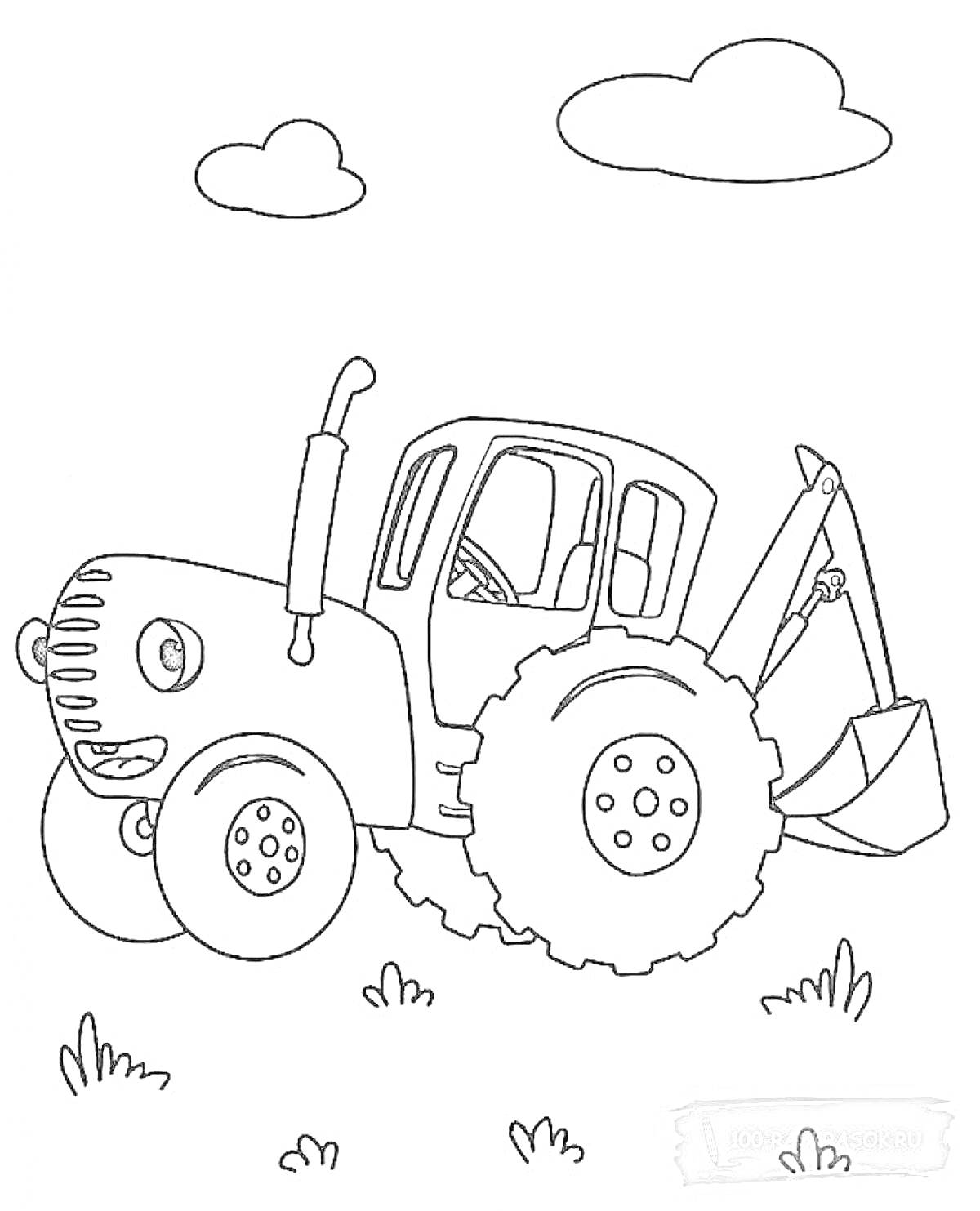 На раскраске изображено: Трактор, Синий трактор, Прицеп, Сельская техника, Облака, Трава, Для детей, Сельское хозяйство, Транспорт