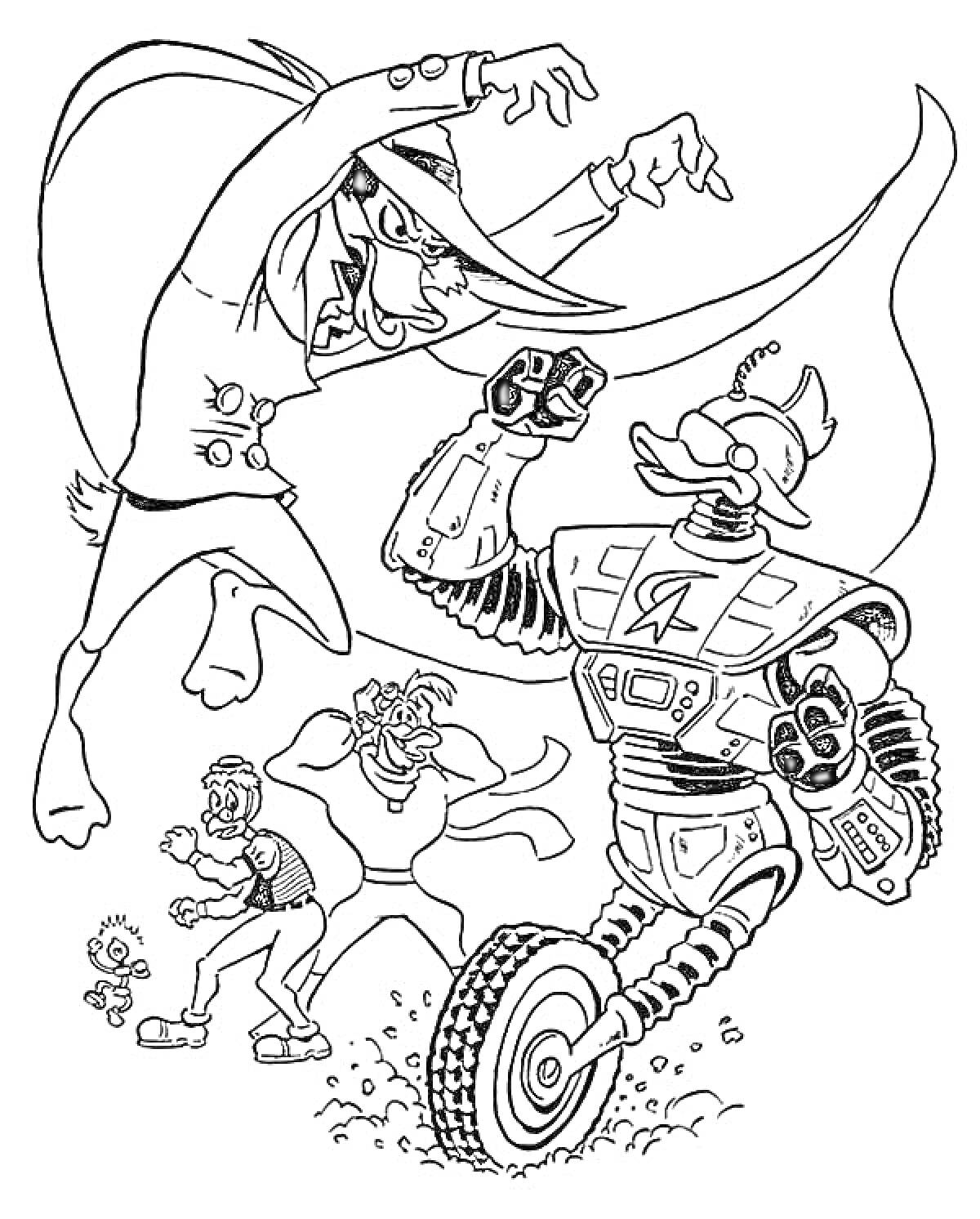 Раскраска Персонажи из мультфильмов: Летающий супергерой с длинным плащом, утка-робот на одном колесе, маленький персонаж, чудак с усами и мышечный супергерой