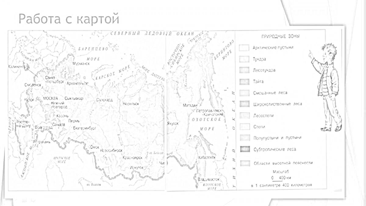 Раскраска Работа с картой природных зон России с обозначением тундры, лесов, тайги, смешанных и широколиственных лесов, степей, пустынь и лесостепей.