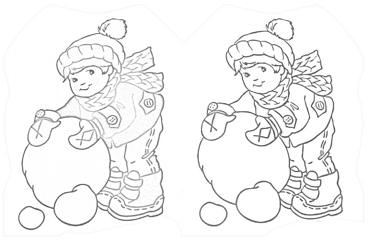 Мальчик в зимней одежде делает снежную бабу