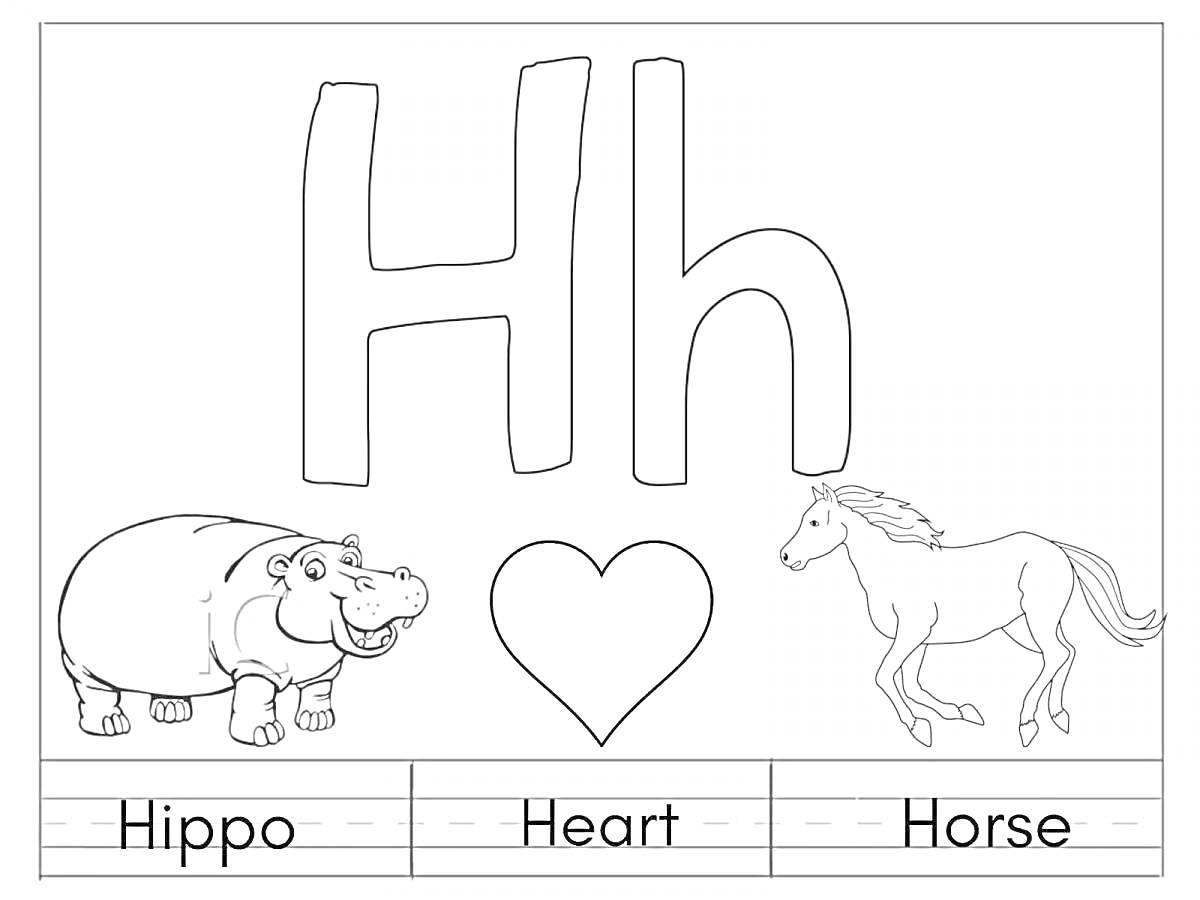 Раскраска Буква H: бегемот, сердце, лошадь