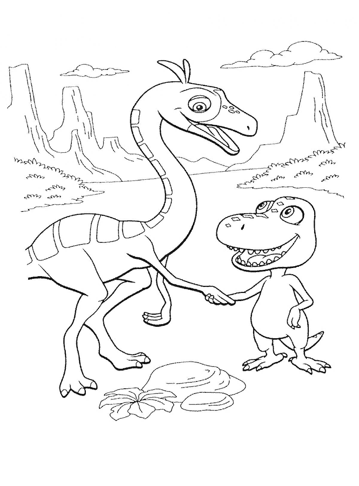 Раскраска Два динозавра (теропод и зауропод), пожимающие друг другу руки на фоне горного пейзажа