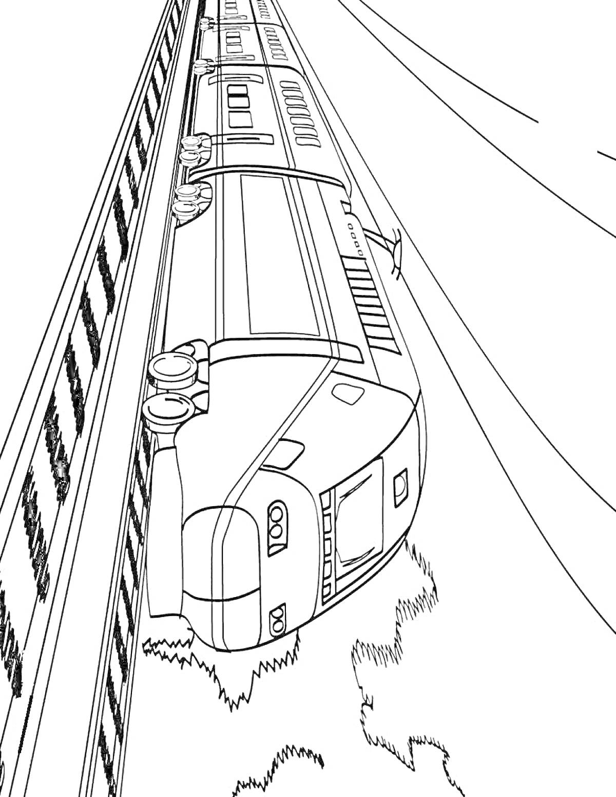 Раскраска Поезд на железной дороге с окружающим ландшафтом