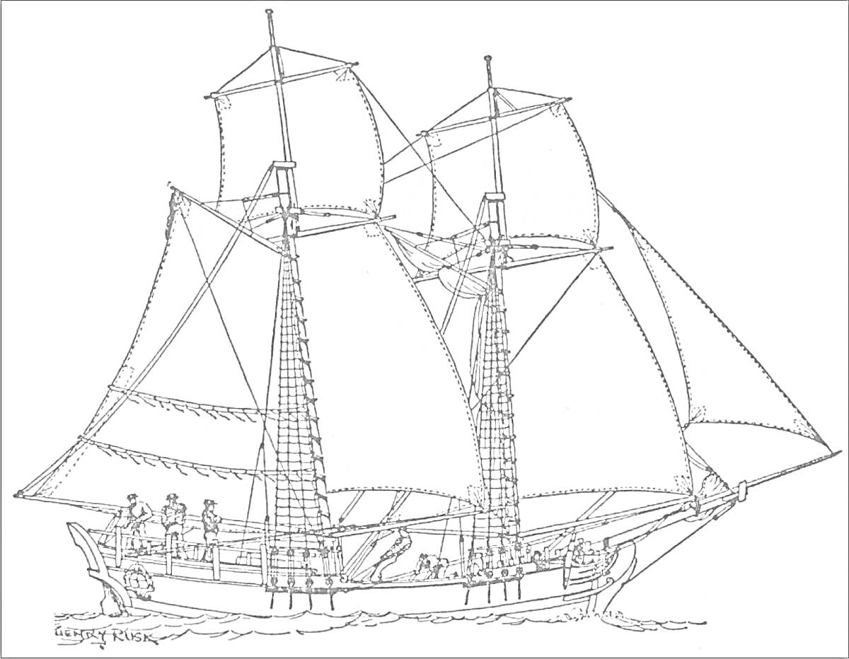 На раскраске изображено: Корабль, Петр I, Паруса, Море