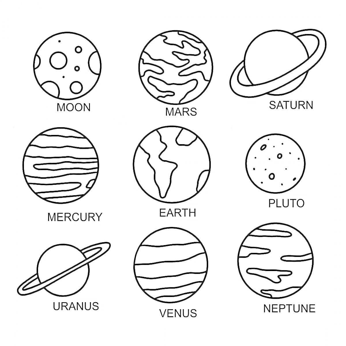 Раскраска Раскраска с девятью планетами и их названиями (Луна, Марс, Сатурн, Меркурий, Земля, Плутон, Уран, Венера, Нептун).