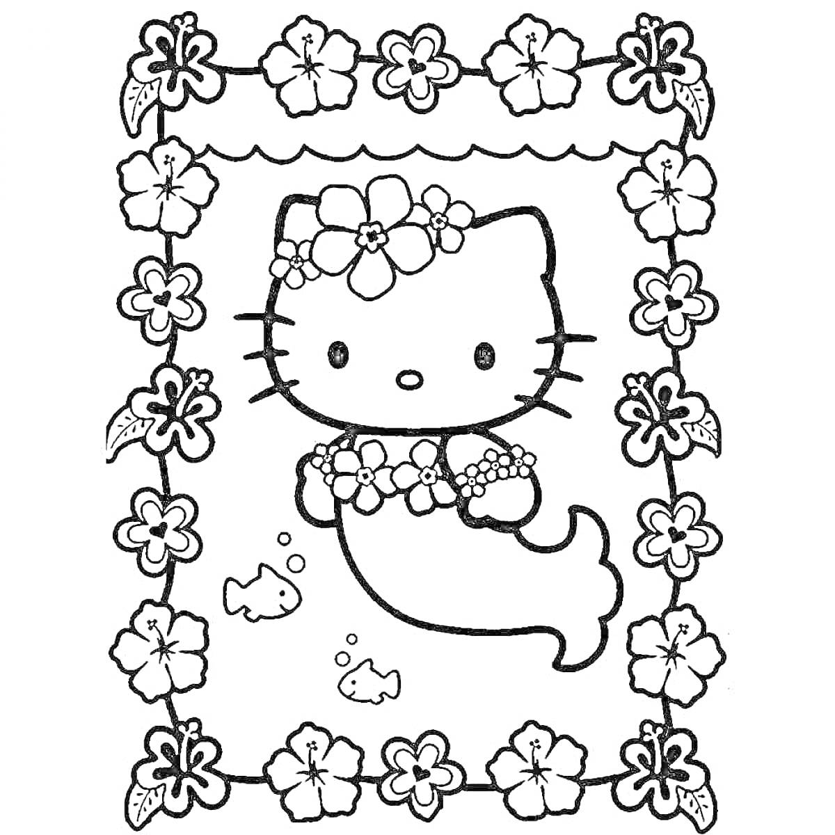 Раскраска Hello Kitty русалка в цветочной рамке с рыбками
