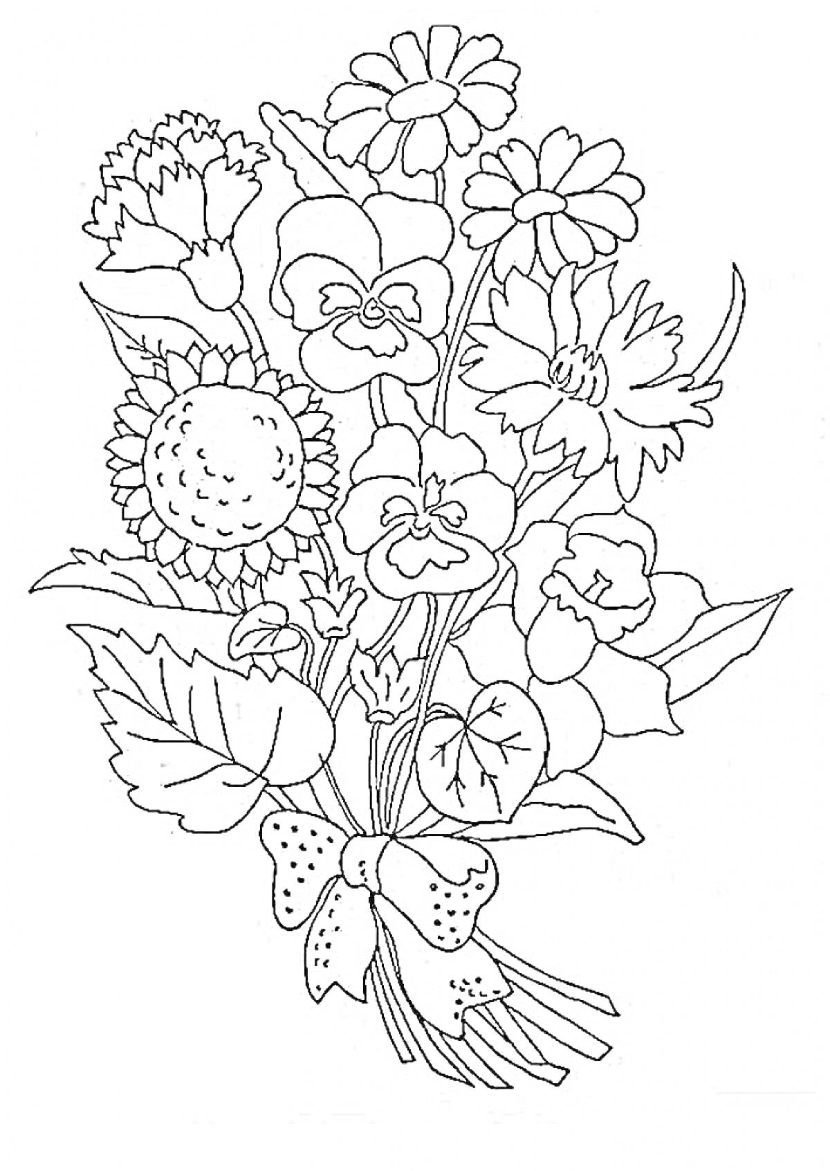 На раскраске изображено: Цветы, Листья, Флора, Природа, Для детей, Бант, Букет цветов