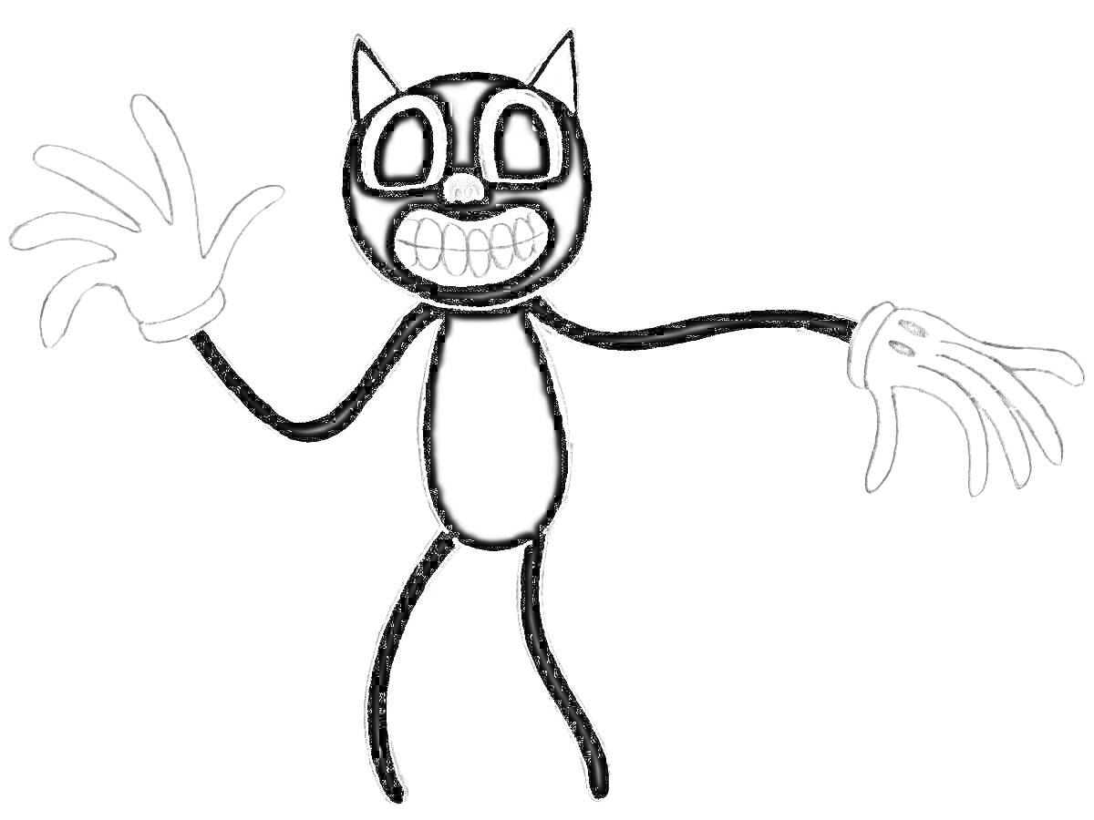 Раскраска Черно-белая раскраска мультяшного кота с большими руками
