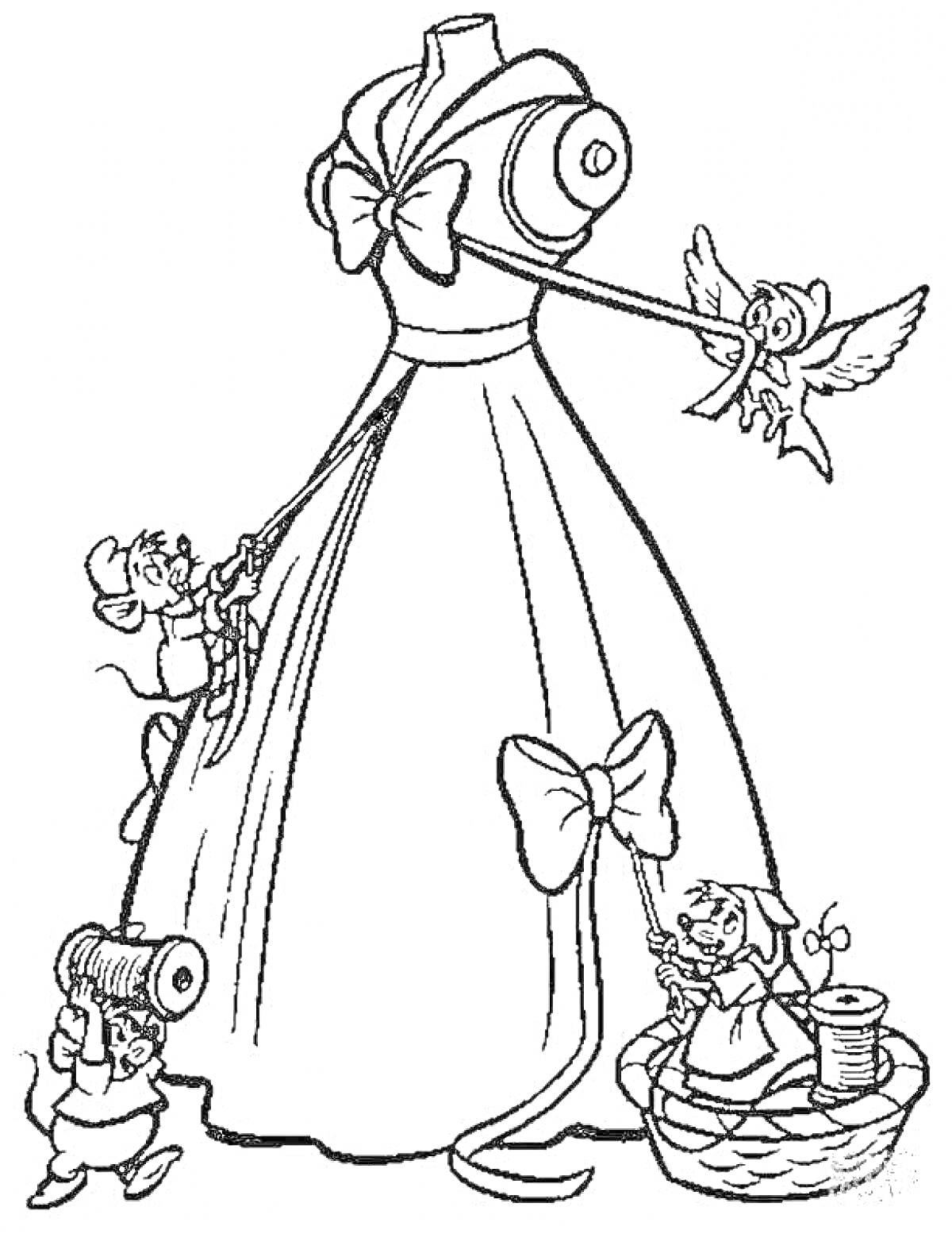 Раскраска Платье с бантами и животными помощниками