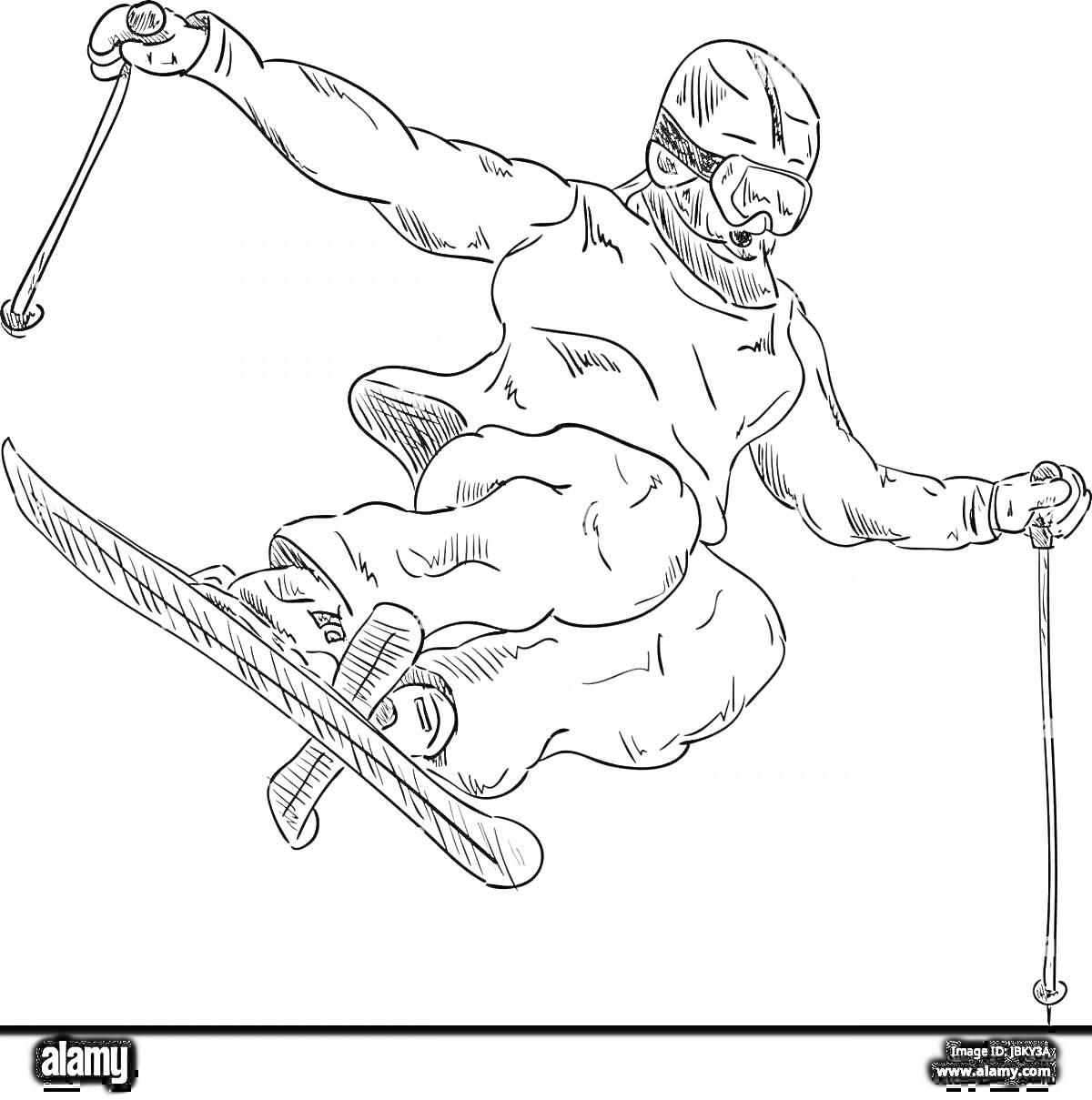 На раскраске изображено: Фристайл, Лыжи, Лыжник, Трюк, Спорт, Зимний спорт, Очки, Активный отдых