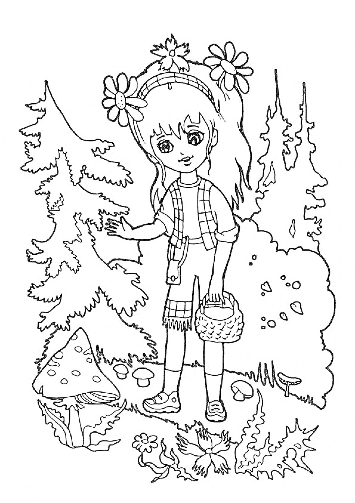 Раскраска Девочка с корзинкой в лесу, рядом ёлка, грибы, кусты и цветы