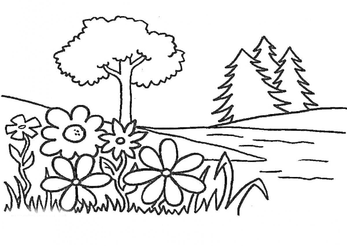 На раскраске изображено: Пейзаж, Цветы, Река, Природа, Кусты, Деревья, Сосна
