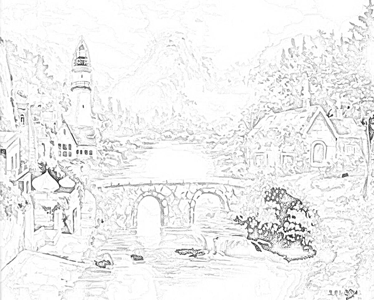 Раскраска Горный пейзаж с мостом, рекой, домами и маяком