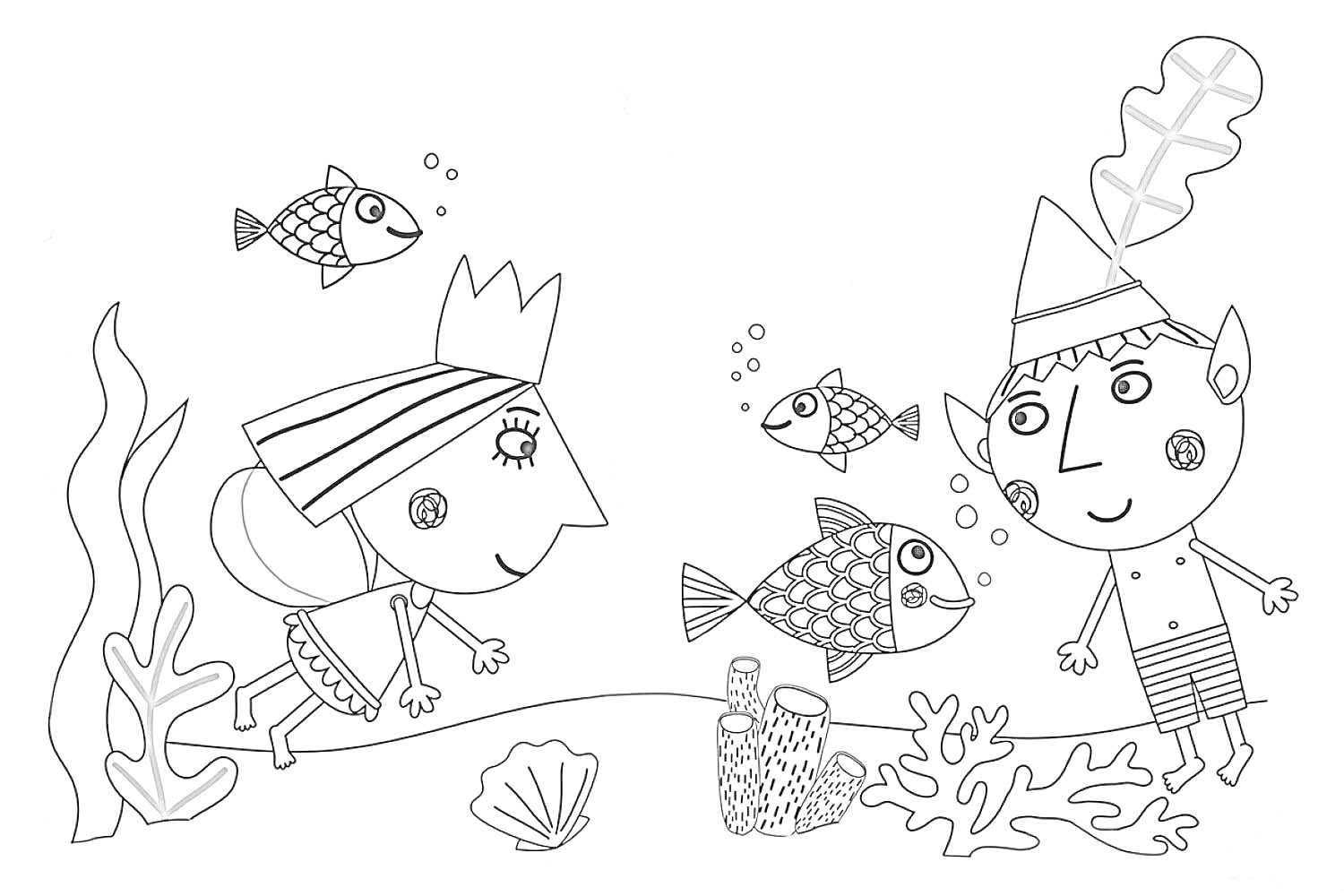 Раскраска Бен и Холли под водой с тремя рыбами, ракушкой, водорослями и коралловыми рифами