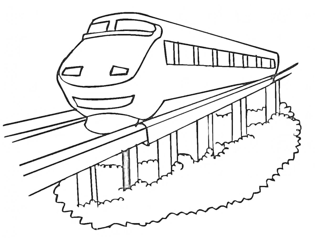 Раскраска Поезд на мосту с кустарниками внизу