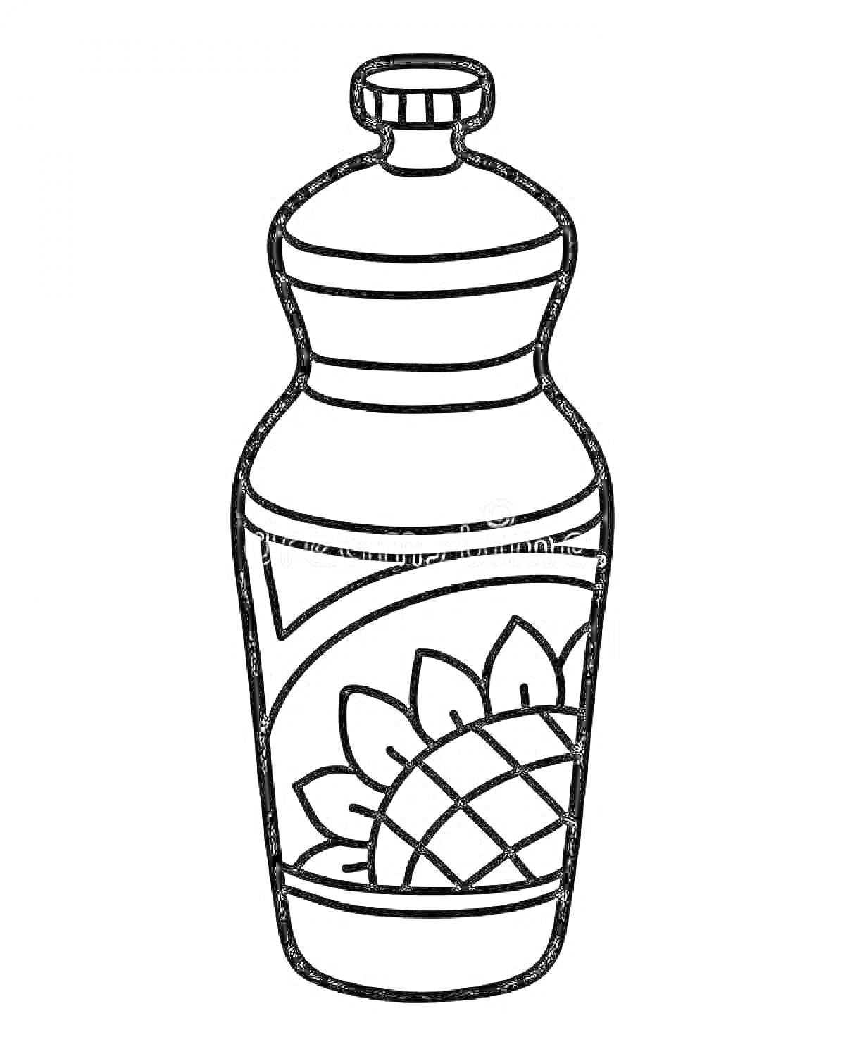 Раскраска Бутылка с подсолнечным маслом, изображение подсолнуха на этикетке