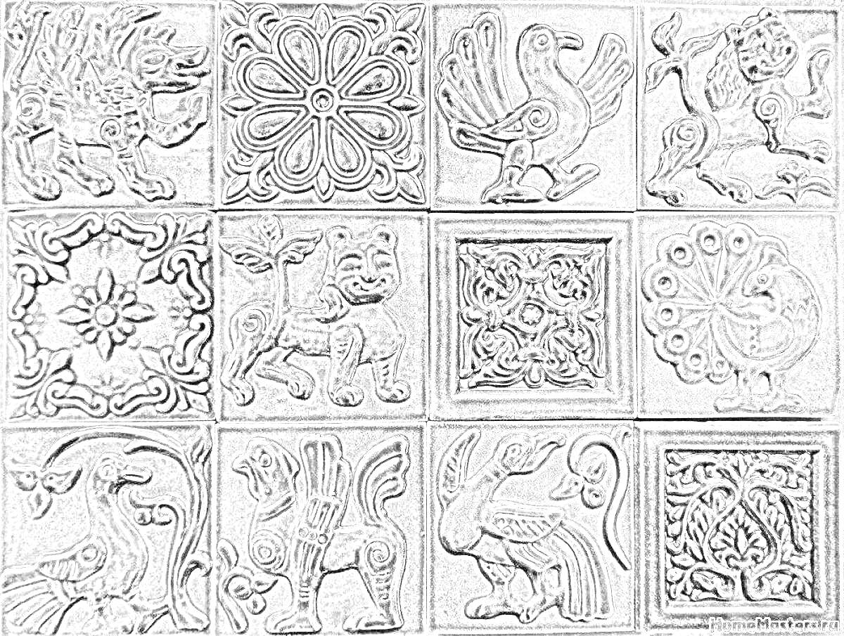 керамическая плитка ручной работы с рельефными узорами и изображениями животных и птиц