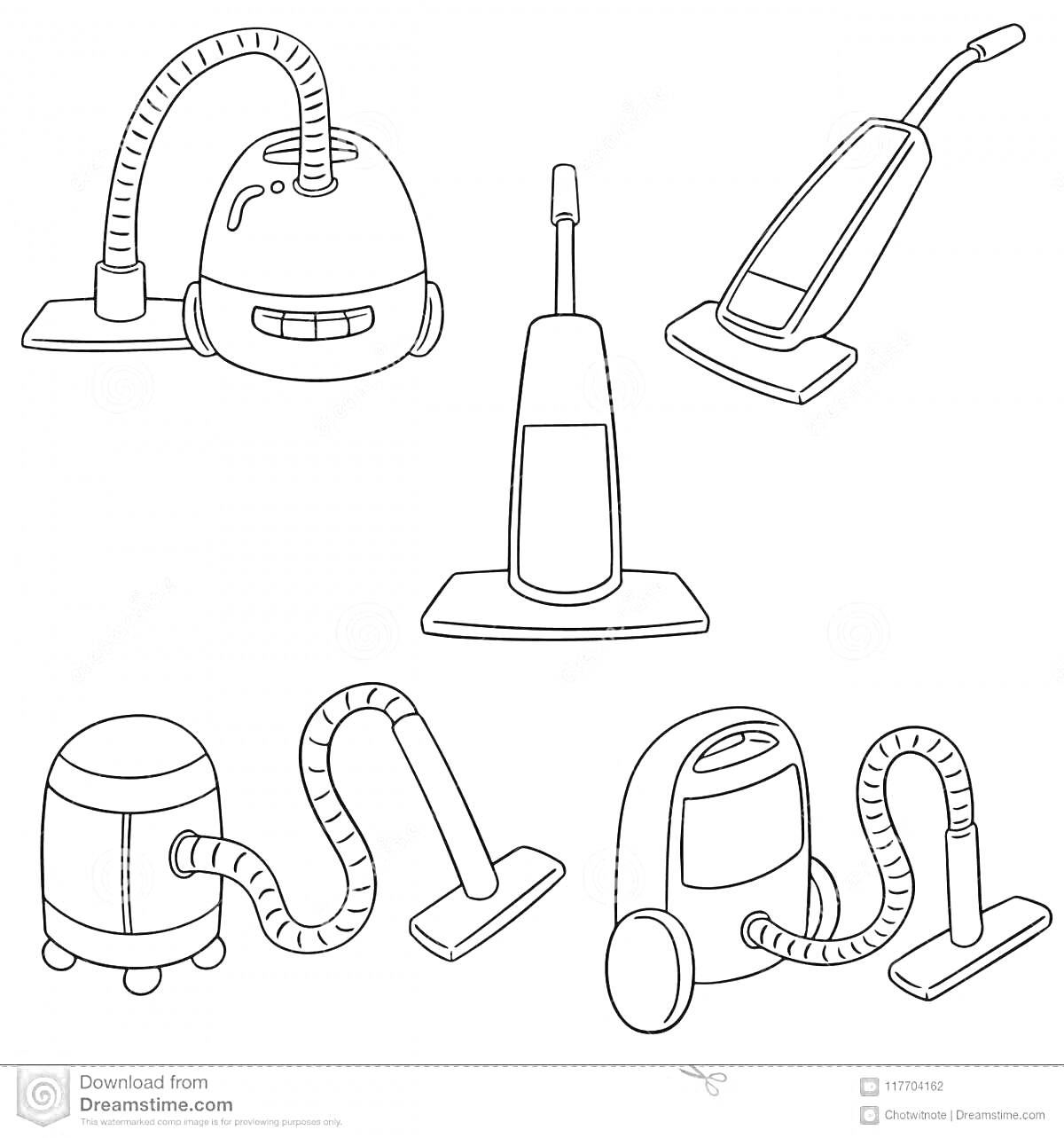 Раскраска Пять разных моделей пылесосов: два с верхним мотором и гибкими шлангами, один вертикальный, один тонкий и один с передним отсеком