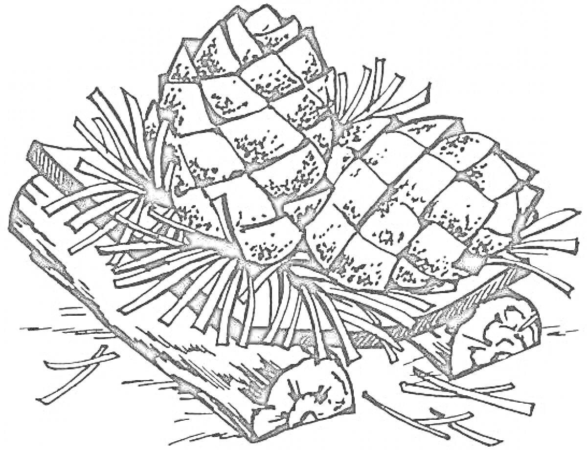 На раскраске изображено: Еловые шишки, Еловые ветки, Иголки, Лесные растения, Природа