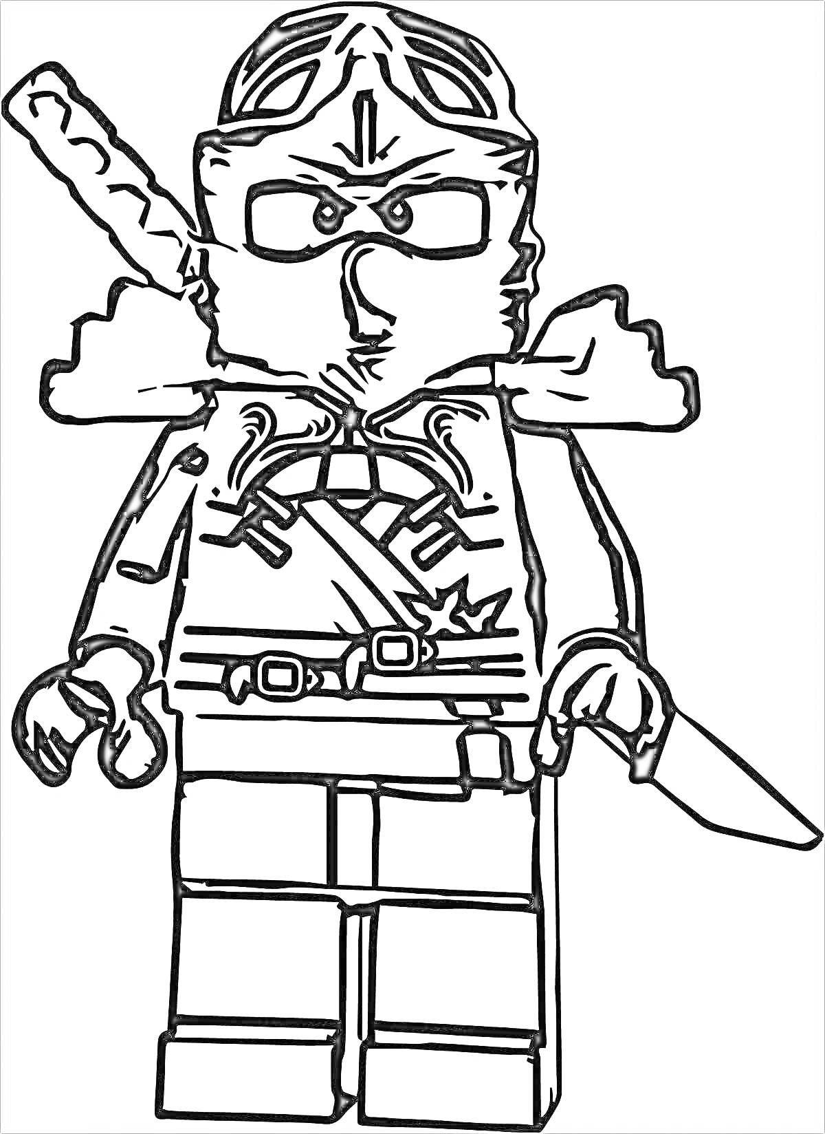 Раскраска Ллойд из Ниндзяго с мечом и ножом на поясе в маске
