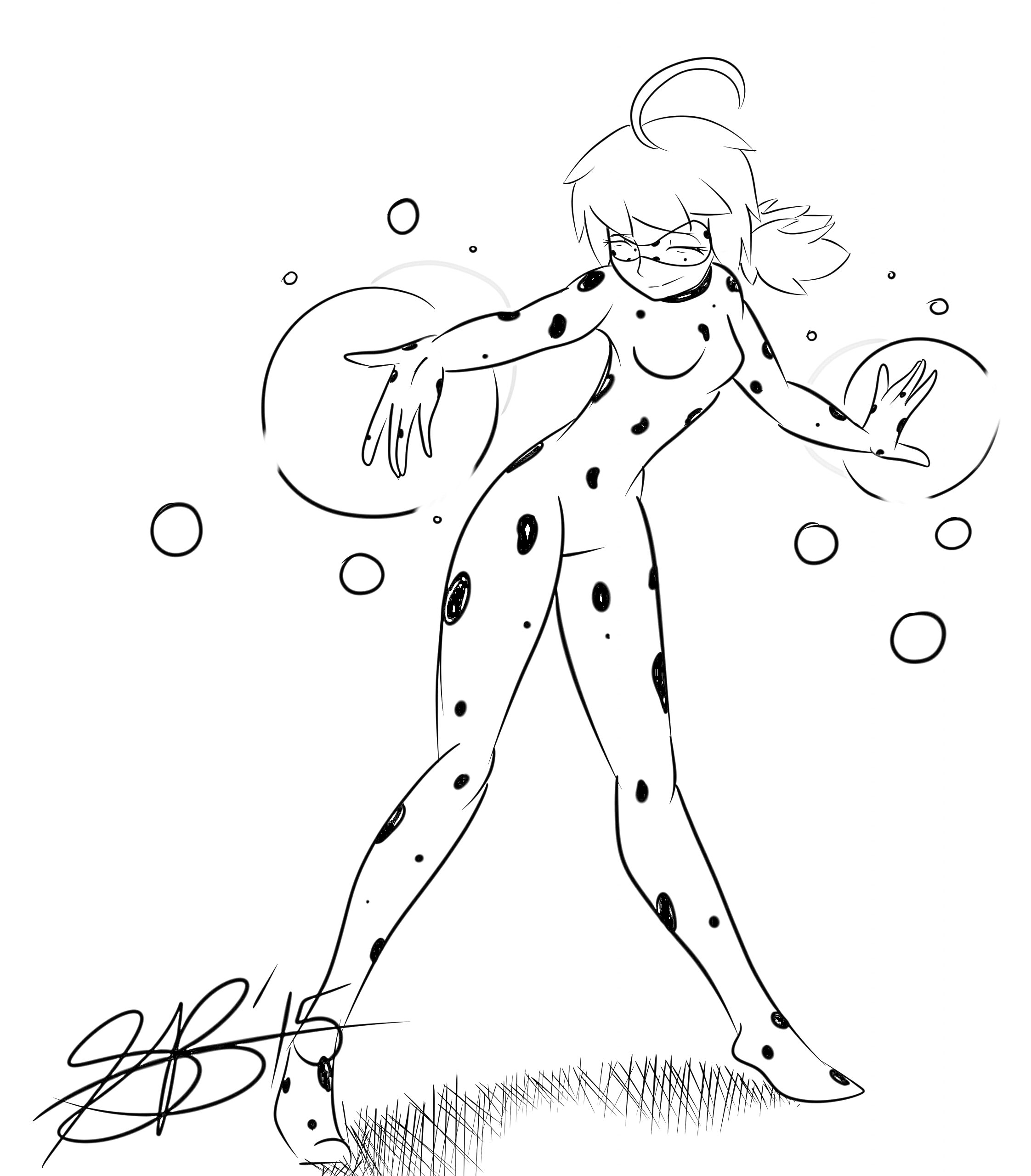 Раскраска Леди Баг в костюме с пятнами, стоящая в динамичной позе с пузырями вокруг.