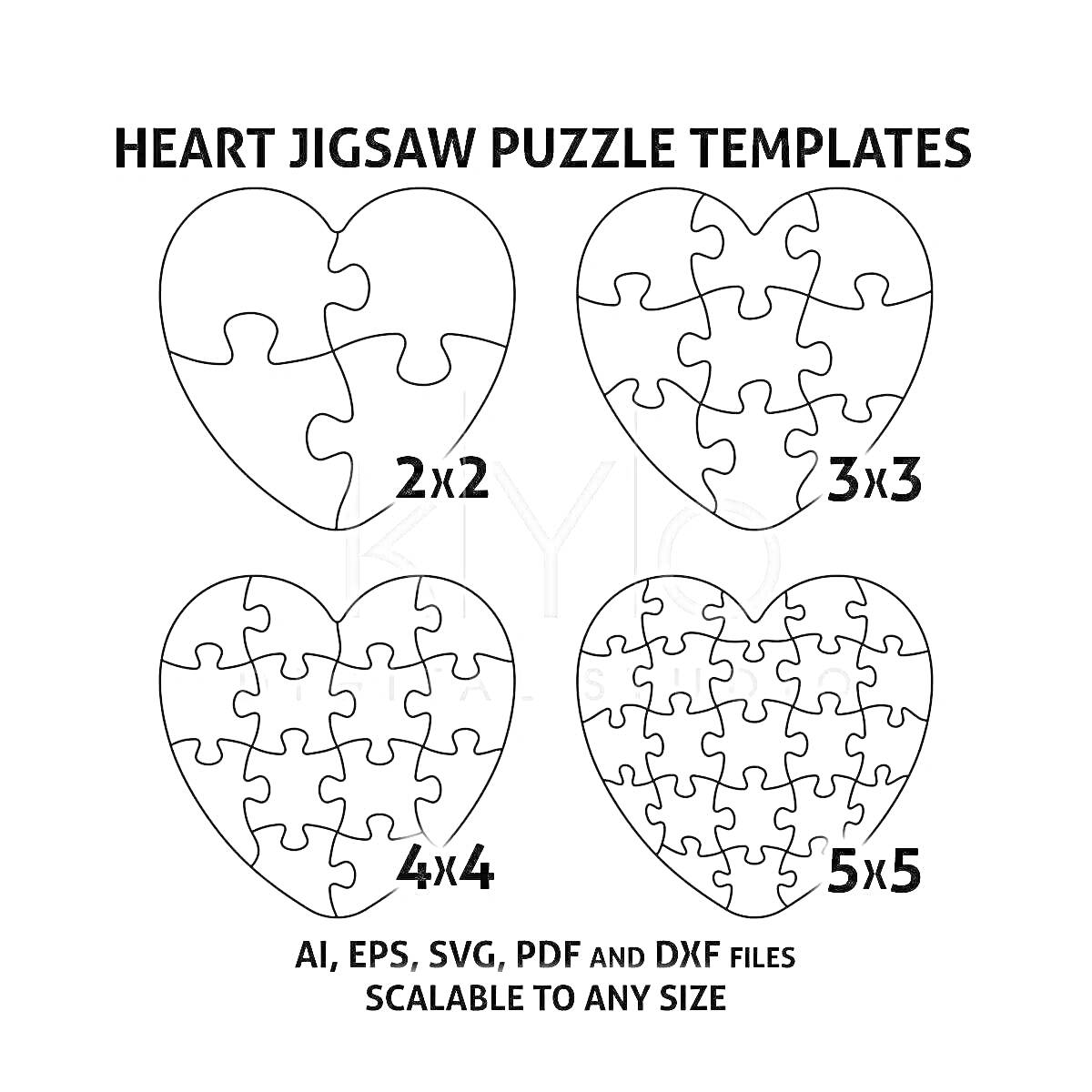 Шаблоны пазла в форме сердца со схемами на 2x2, 3x3, 4x4 и 5x5 частей