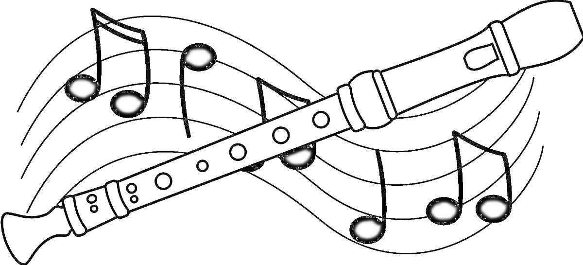 Раскраска Флейта с нотами и музыкальными волнами