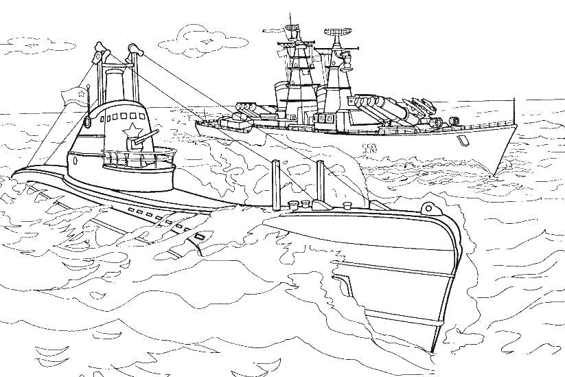 На раскраске изображено: Подводная лодка, Море, Волны, Небо, Облака, Перископ, Палуба, Артиллерия, Мачта