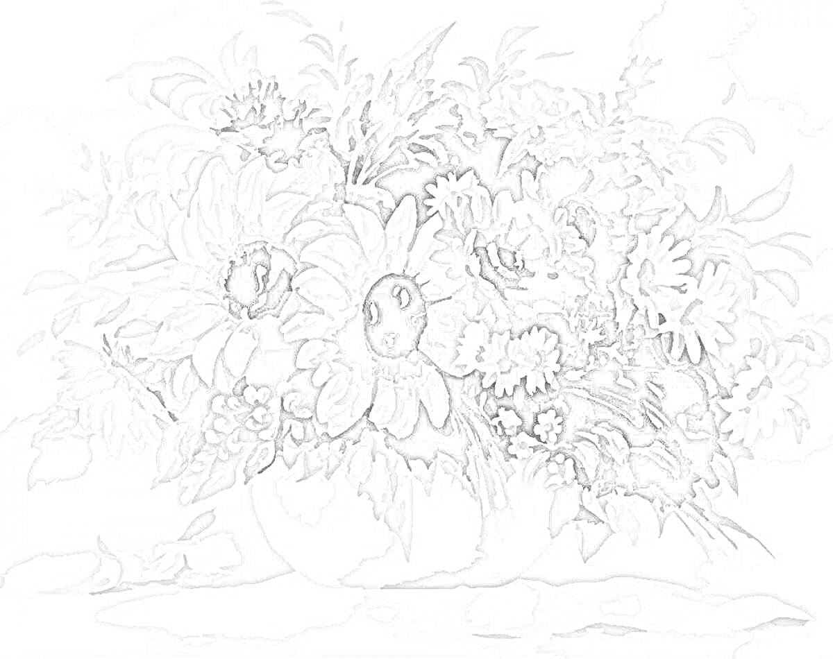 На раскраске изображено: Цветы, Ваза, Подсолнухи, Хризантемы, Листья, Домашний декор