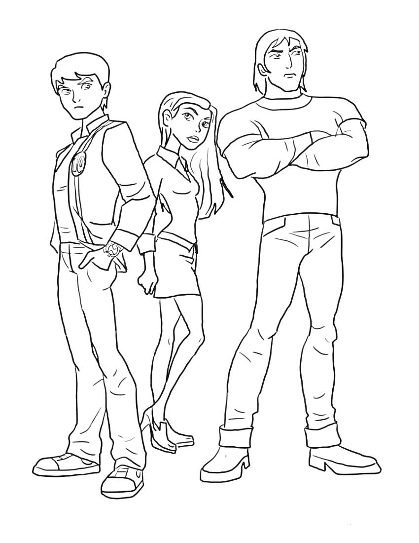 Бен Тен и друзья: трое персонажей, Бен Тен в джинсах и куртке, девушка в юбке и топе, мужчина в футболке и брюках