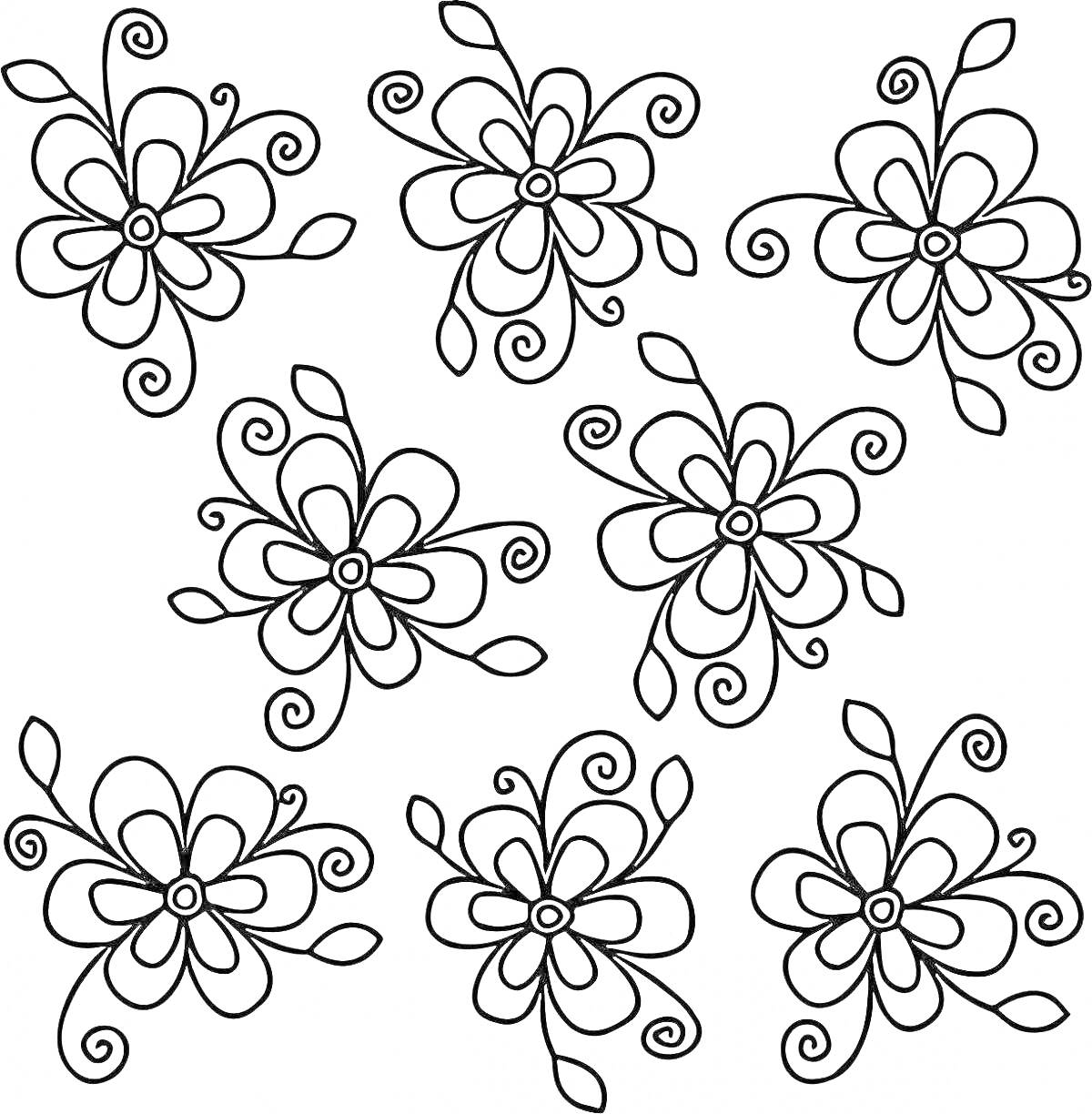 Раскраска Множество маленьких цветочков с лепестками и завитками