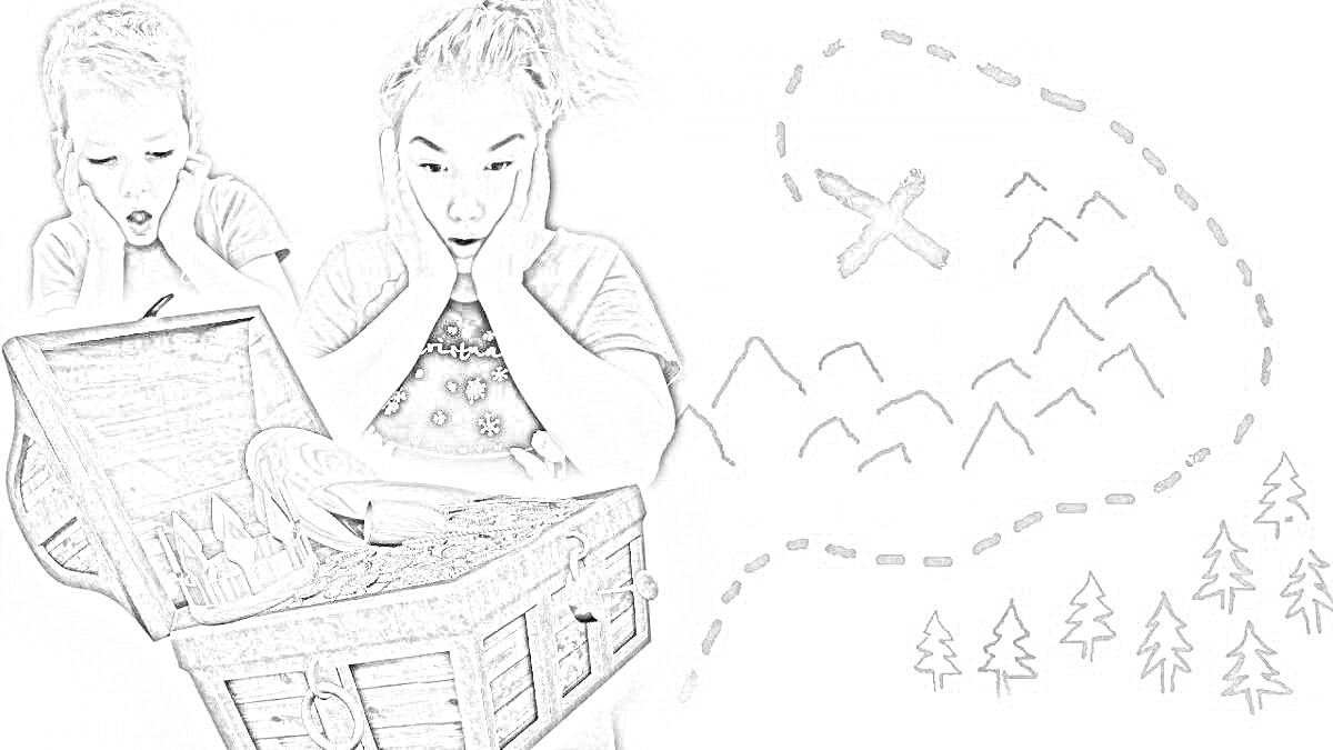 Раскраска Находка сокровища в сундуке, два удивленных ребенка, карта с крестиком и символами деревьев и гор