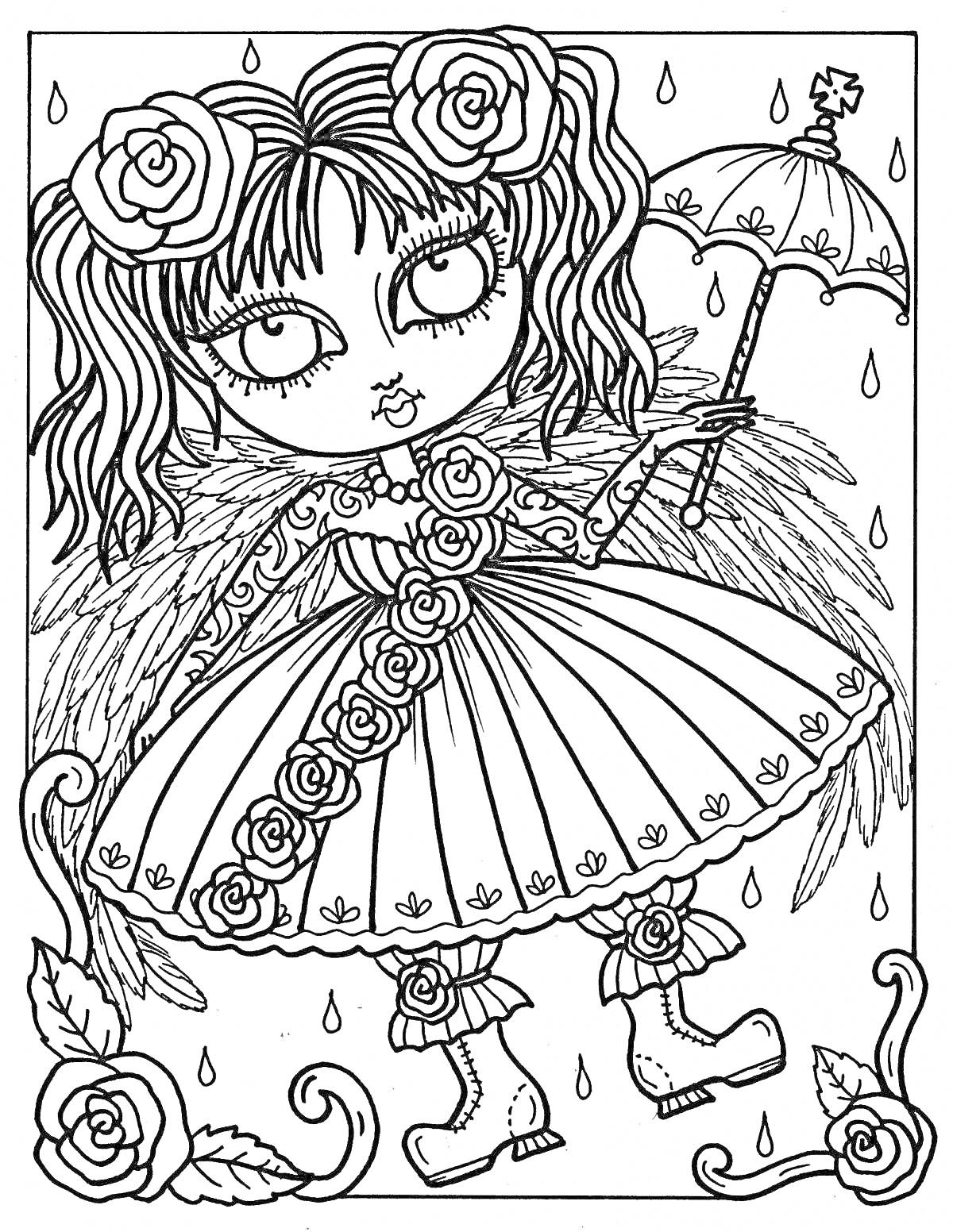 Раскраска Девочка с розами и зонтом под дождем, с крыльями и на фоне капель дождя