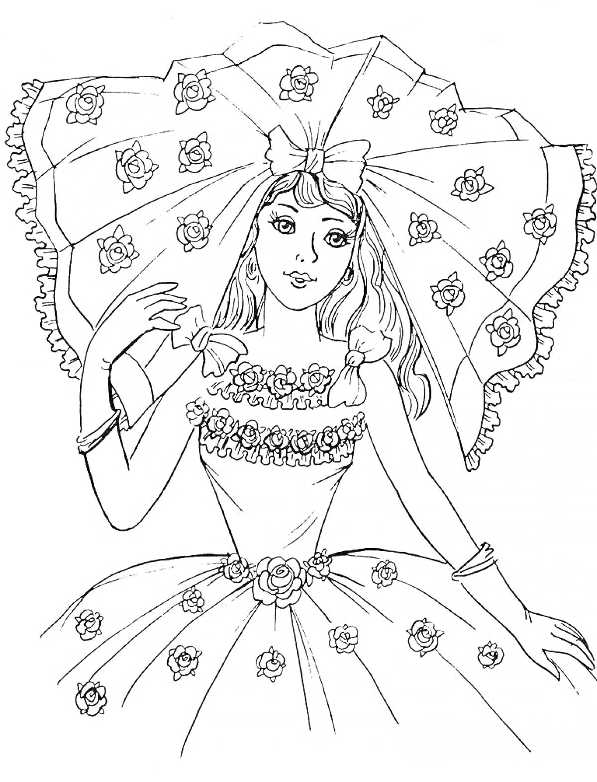 Раскраска Девушка в элегантном платье с розами и большим шляпой с оборками и цветами