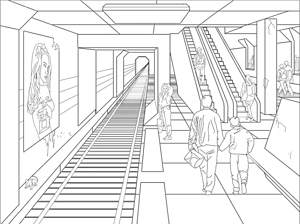 На раскраске изображено: Метро, Поезд, Станция, Пассажиры, Эскалатор, Пути, Рельсы