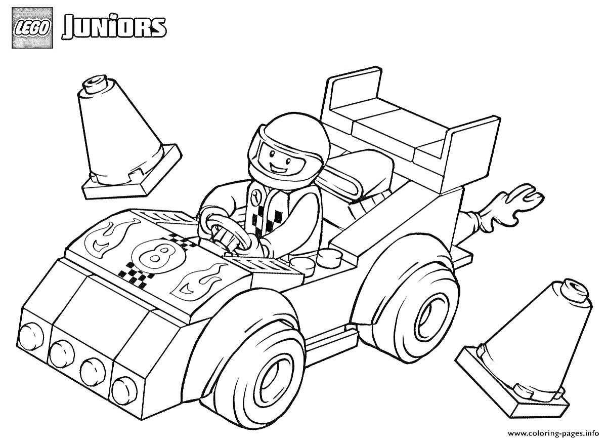 Раскраска Лего автогонщик на гоночной машине с дорожными конусами