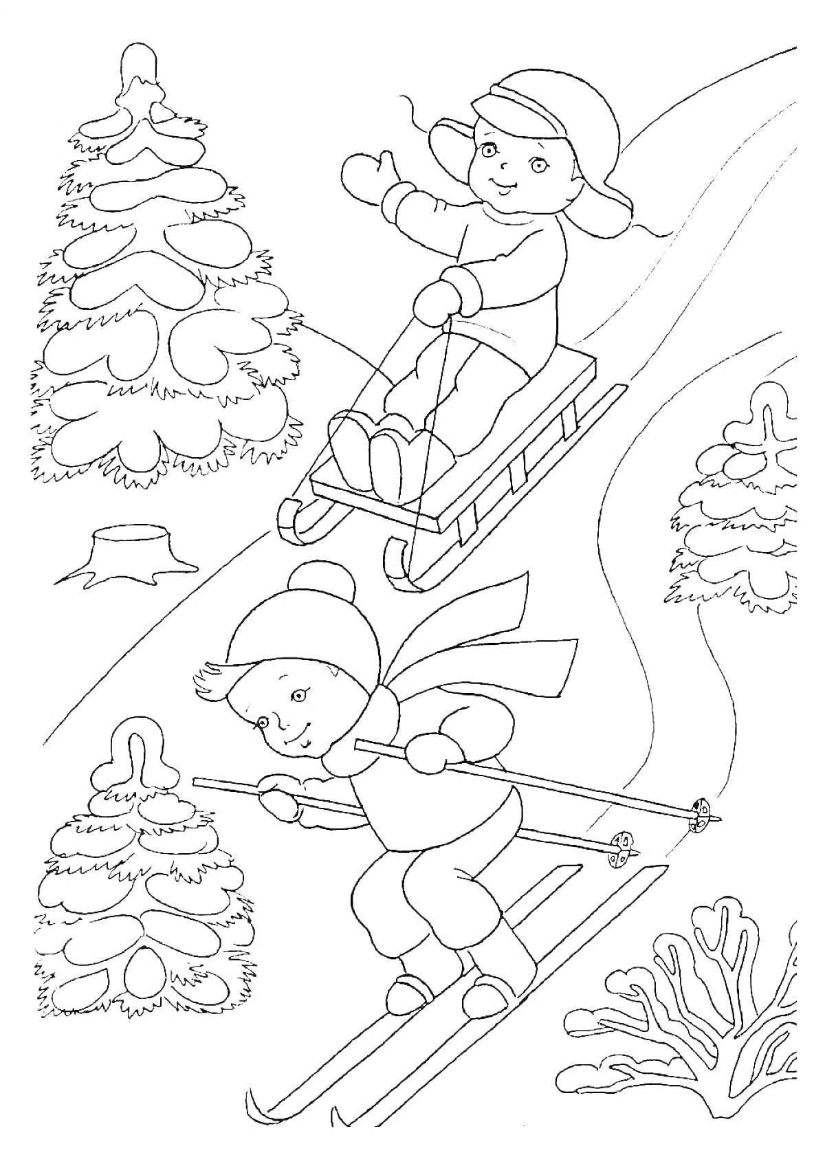 На раскраске изображено: Зима, Детский сад, Лыжи, Ёлки, Кусты, Снег, Зимние забавы, Лес