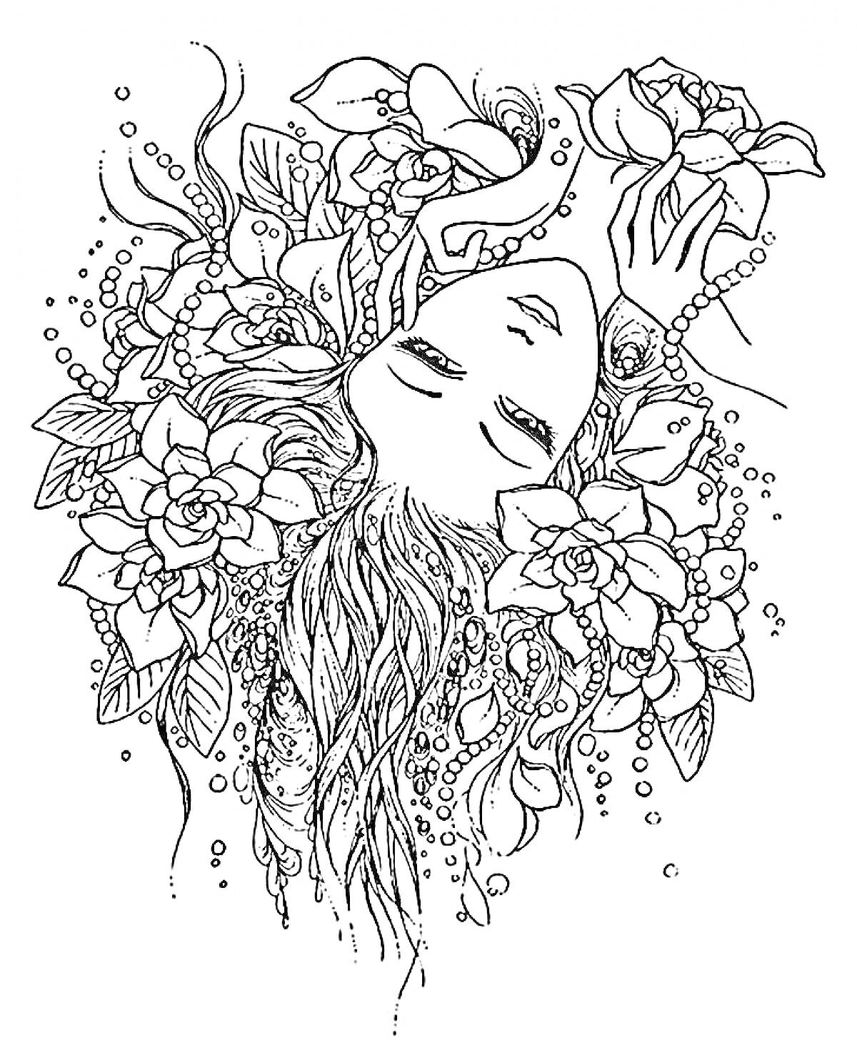На раскраске изображено: Антистресс, Девочка, Цветы, Листья, Волосы, Расслабление, Медитация, Бусины, Линии