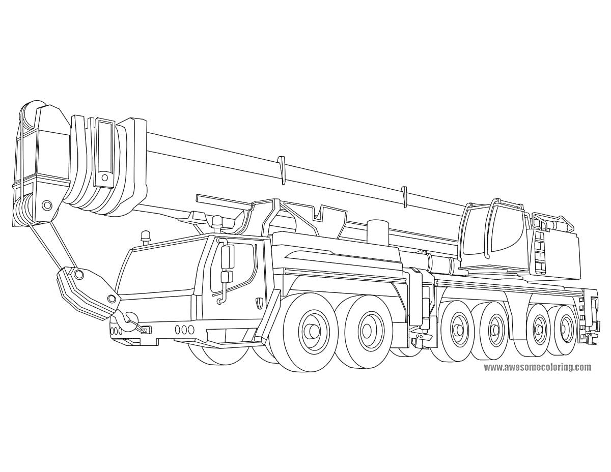 Раскраска Подъемный кран на грузовом автомобиле с выдвижной стрелой и кабиной оператора