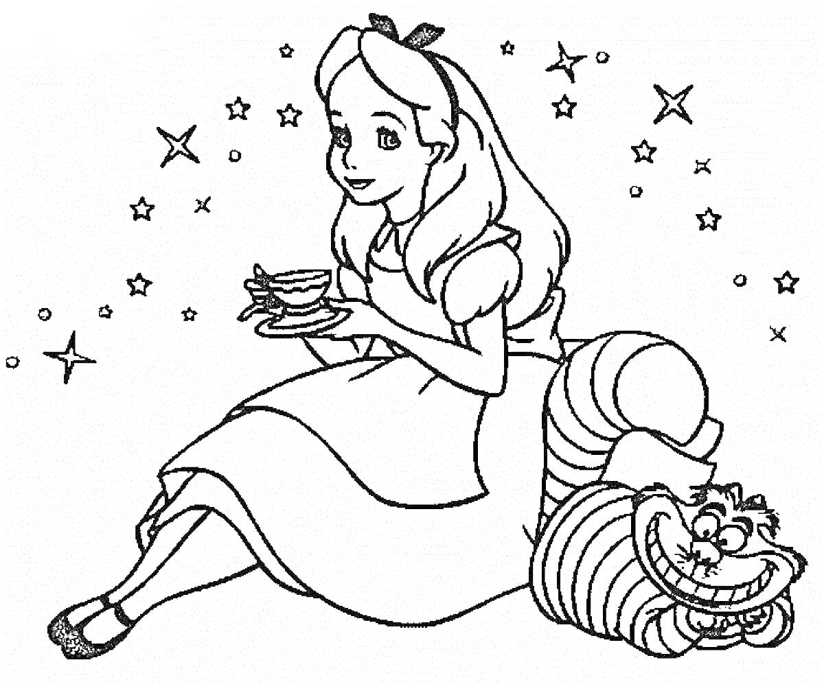 Раскраска Девочка с чашкой чая сидит рядом с улыбающимся котом, вокруг них звезды