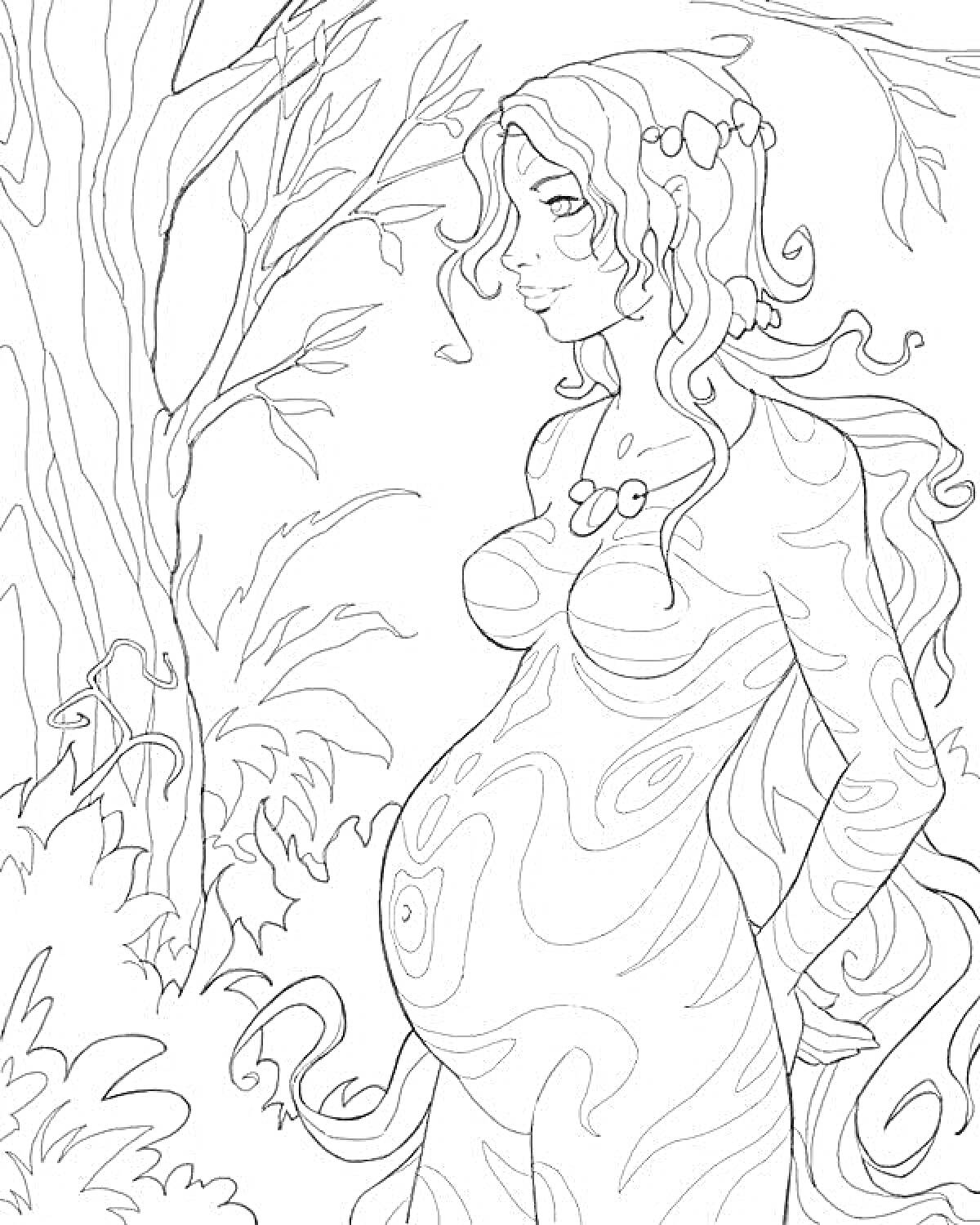 На раскраске изображено: Женщина, Природа, Платье, Узоры, Деревья, Листья, Цветы