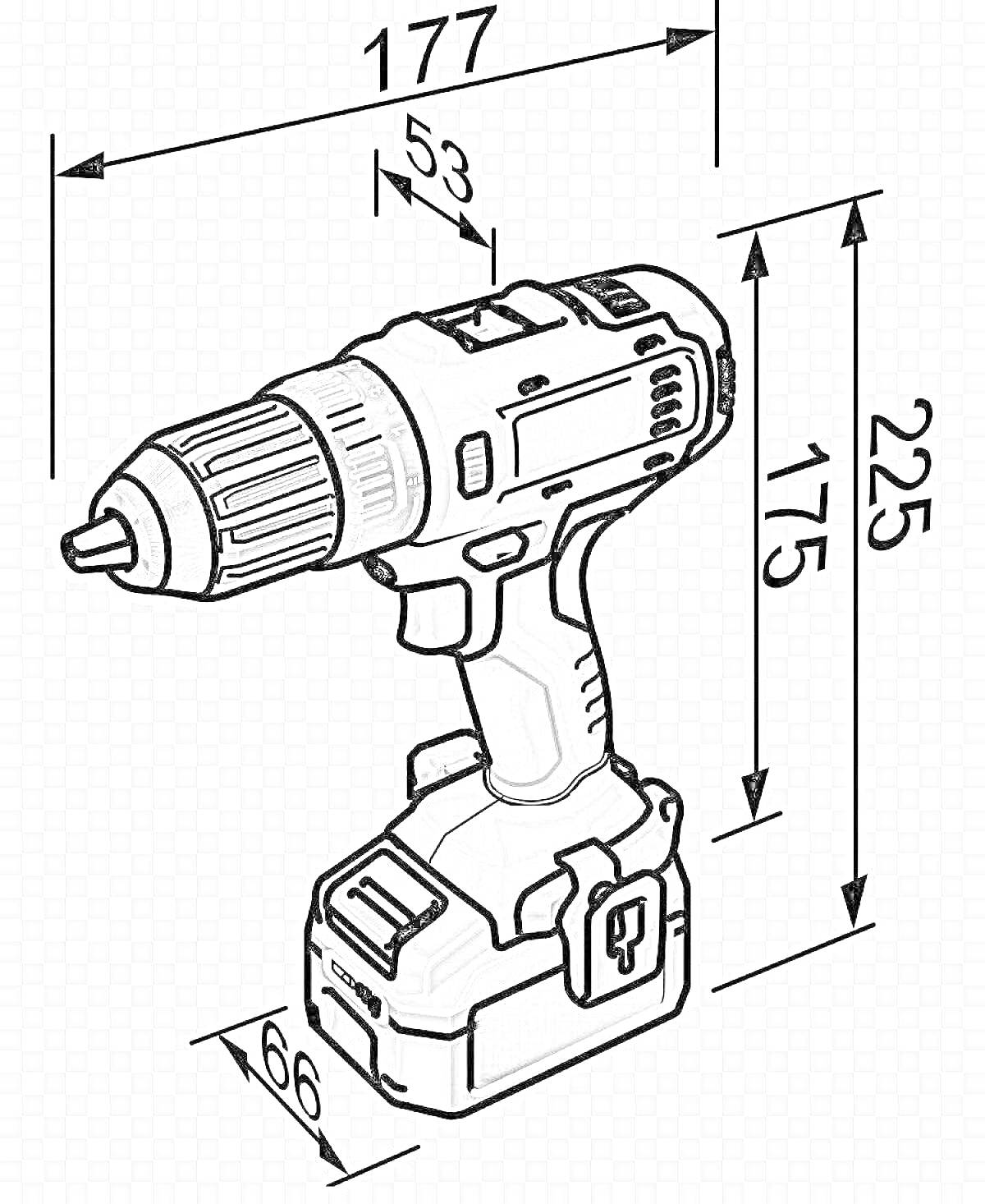 Шуруповерт с размерами (177 мм x 225 мм x 175 мм x 66 мм x 53 мм)