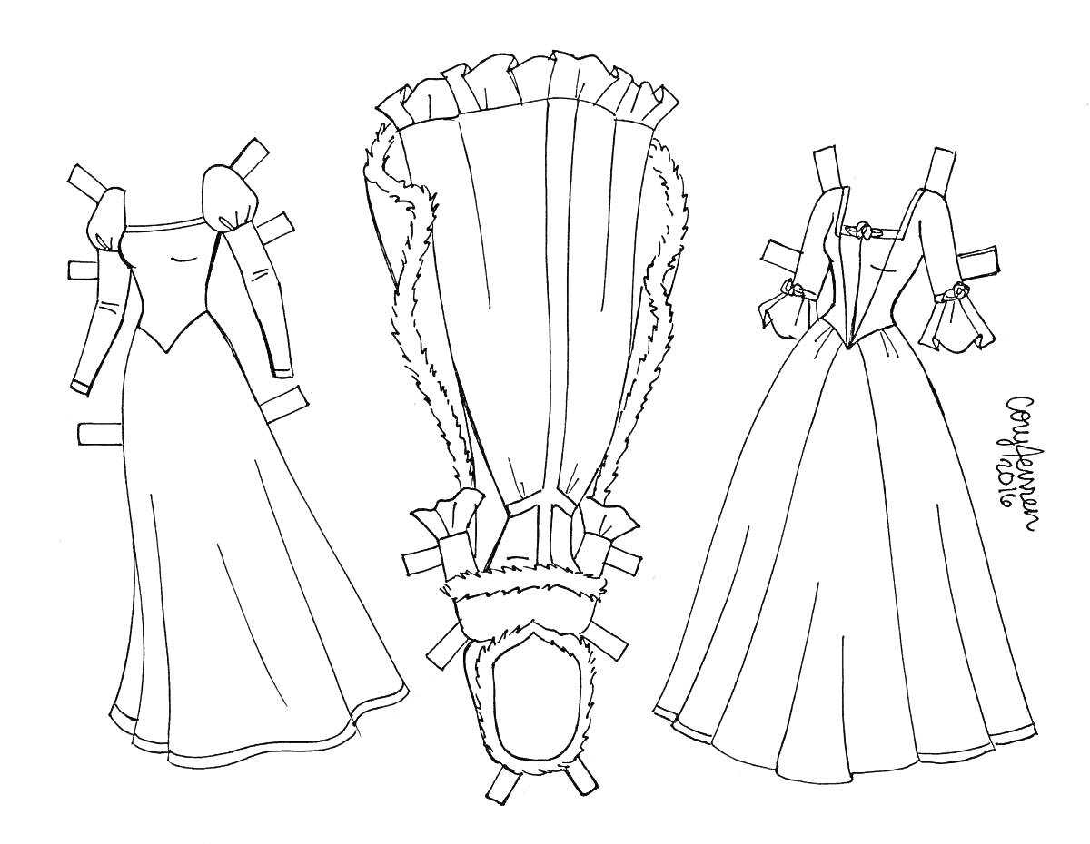 Раскраска Платья для бумажной куклы принцессы. Три платья