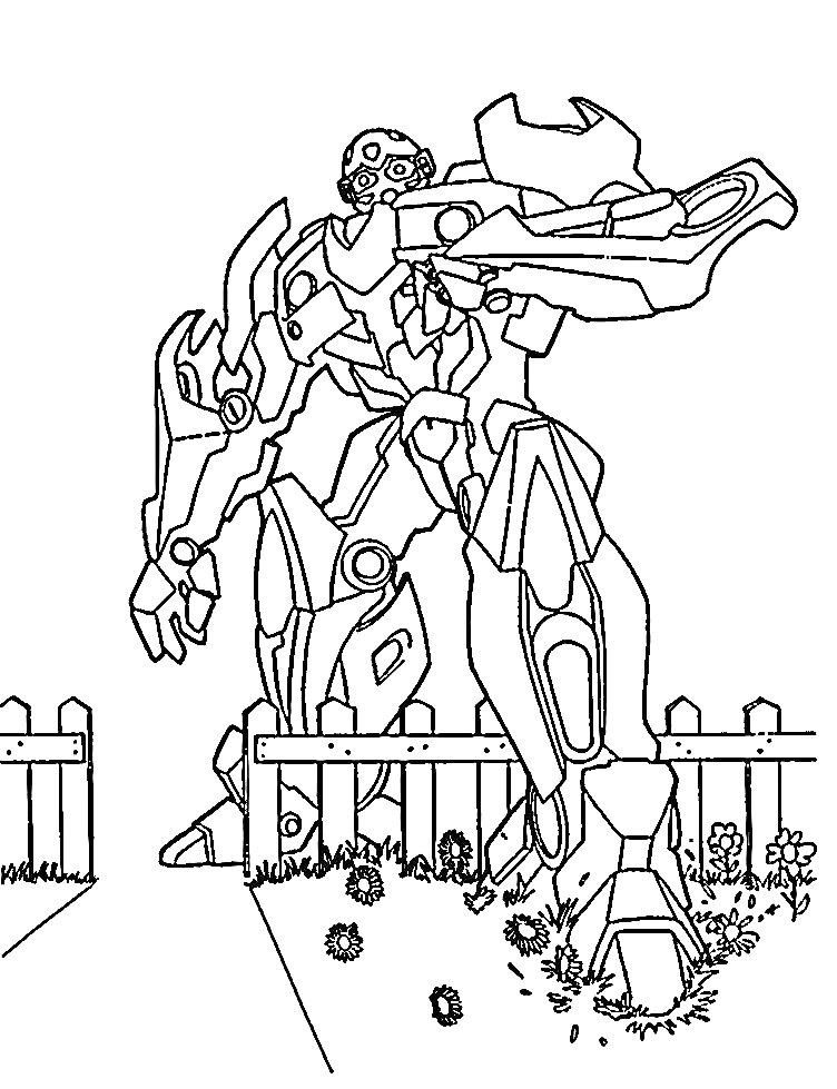 На раскраске изображено: Робот, Забор, Цветы, Трава, Природа, Автоботы, Трансформеры