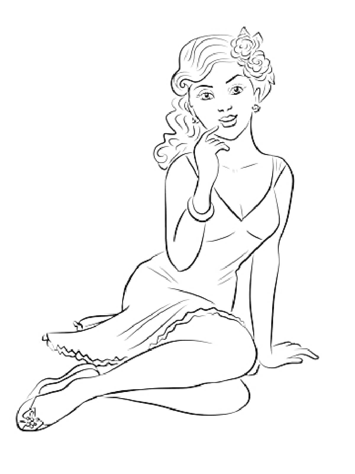 На раскраске изображено: Женщина, Платье, Волосы, Мода, Цветы, Украшения, Сидеть