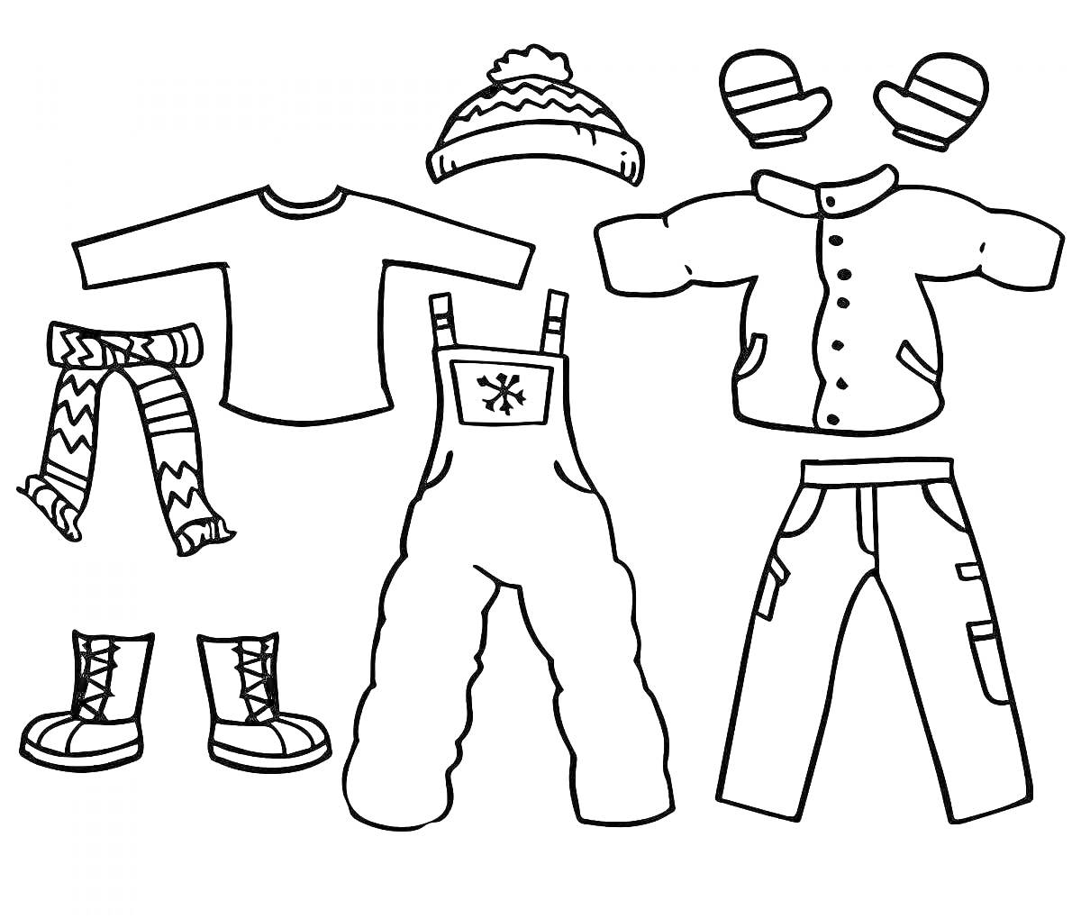 На раскраске изображено: Зимняя одежда, Шапка, Свитер, Куртка, Брюки, Носки, Ботинки, Одежда для детей